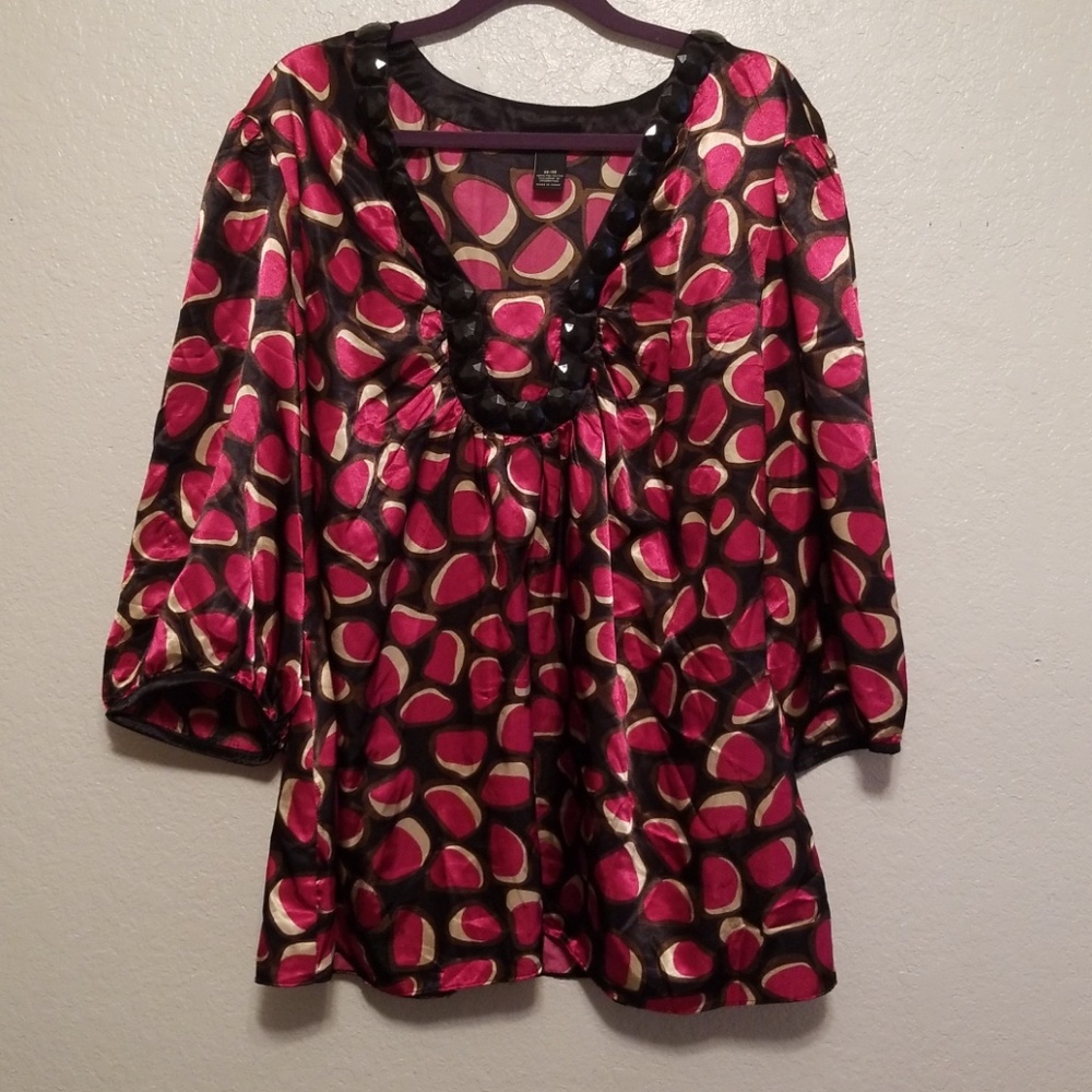 Lane Bryant Satin Black Brown Red Shirt Blouse 26